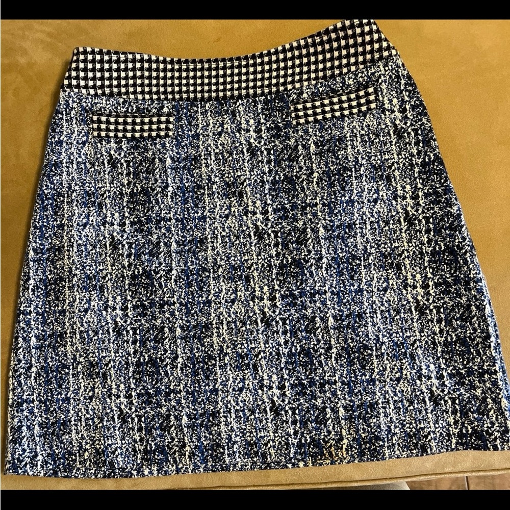 CAbi Blue Tweed Mini Skirt with Houndstooth Waistband
